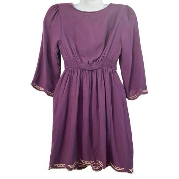 Flying Tomato Women's Plum Woven Smocked Waist Embroidered Mini Dress Boho SZ S - Picture 2 of 10